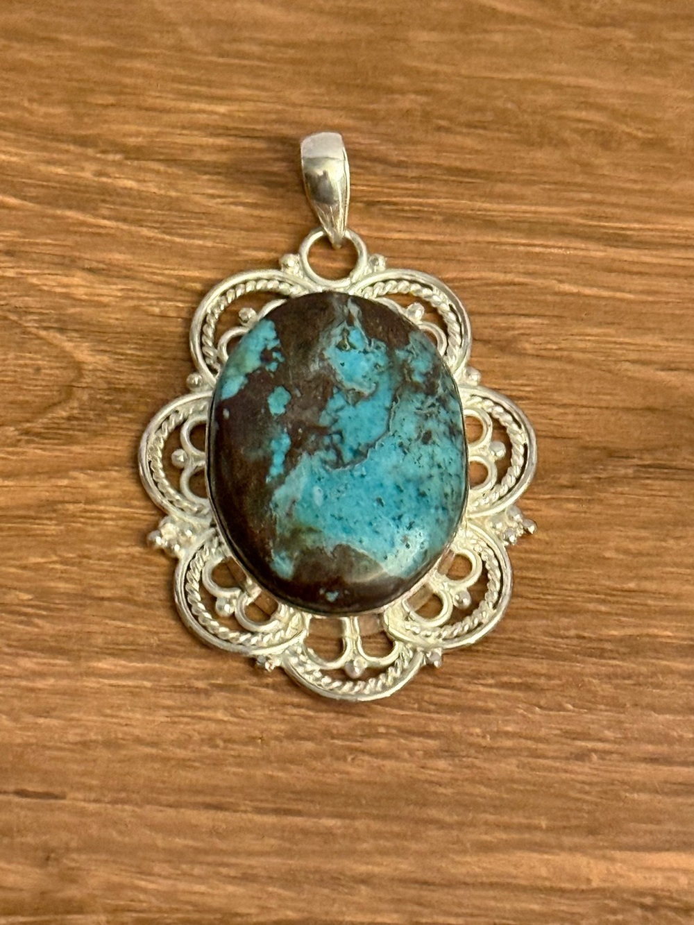 Sterling Silver Natural Turquoise Pendant Necklace - Blue Brown Stone